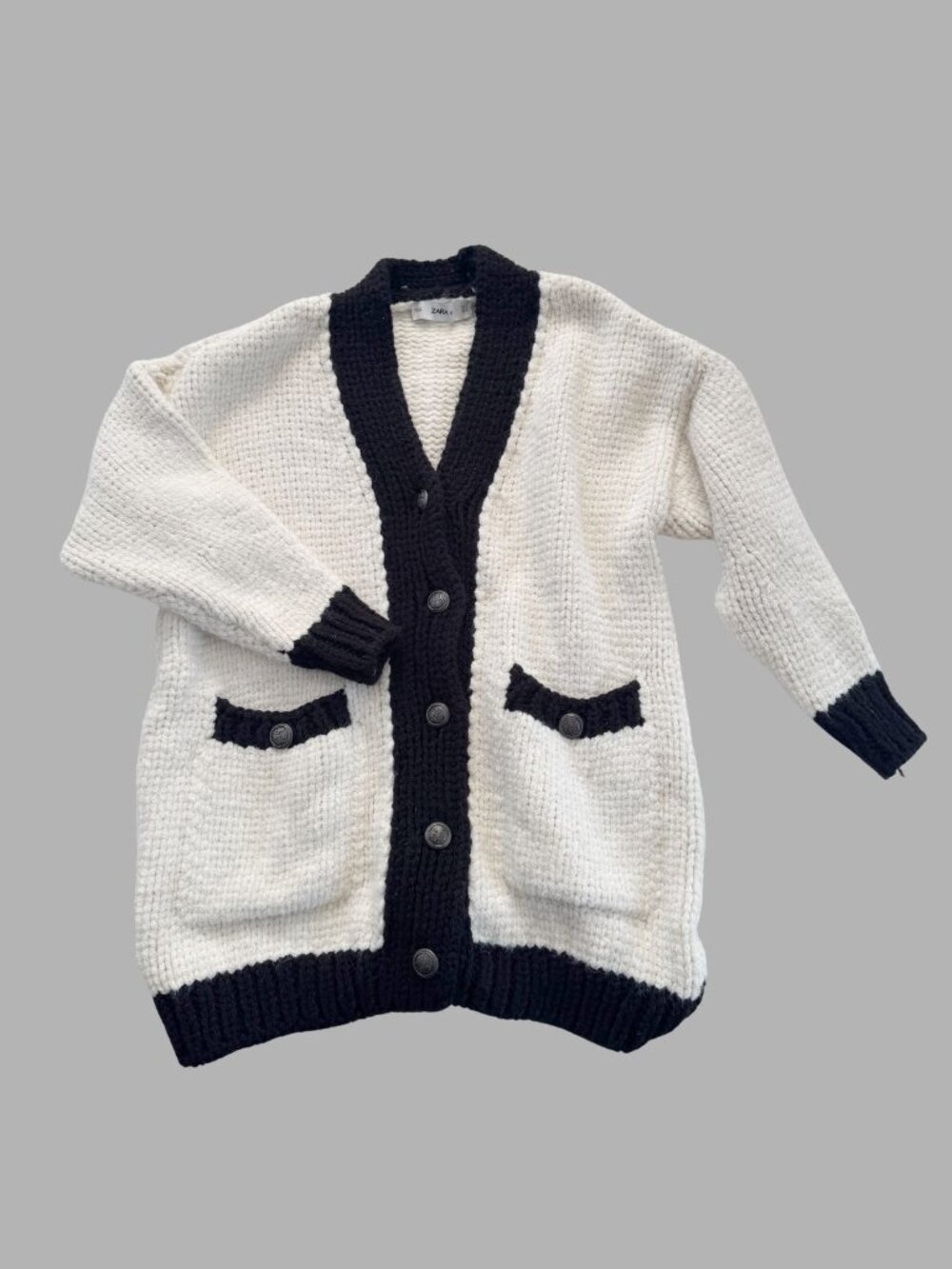 ZARA Chunky Oversized Knit Cardigan White Black Contrast Trim - Picture 13 of 13
